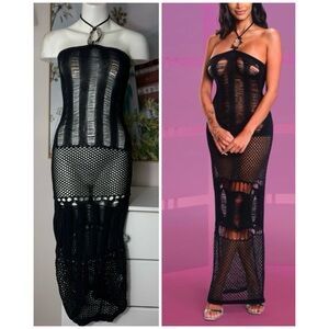 HalfHeart Black Silver Hardware Halter Crochet Cover Up Maxi Dress Size Medium